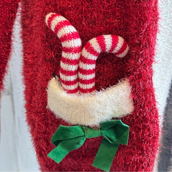 Festive Red Shimmer Christmas Cardigan Kitschy Whimsical reindeer candy canes - Picture 8 of 9